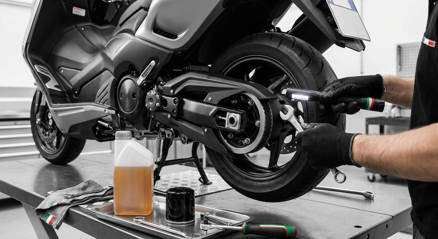 Detail van een scooterbeurt — riem en wiel